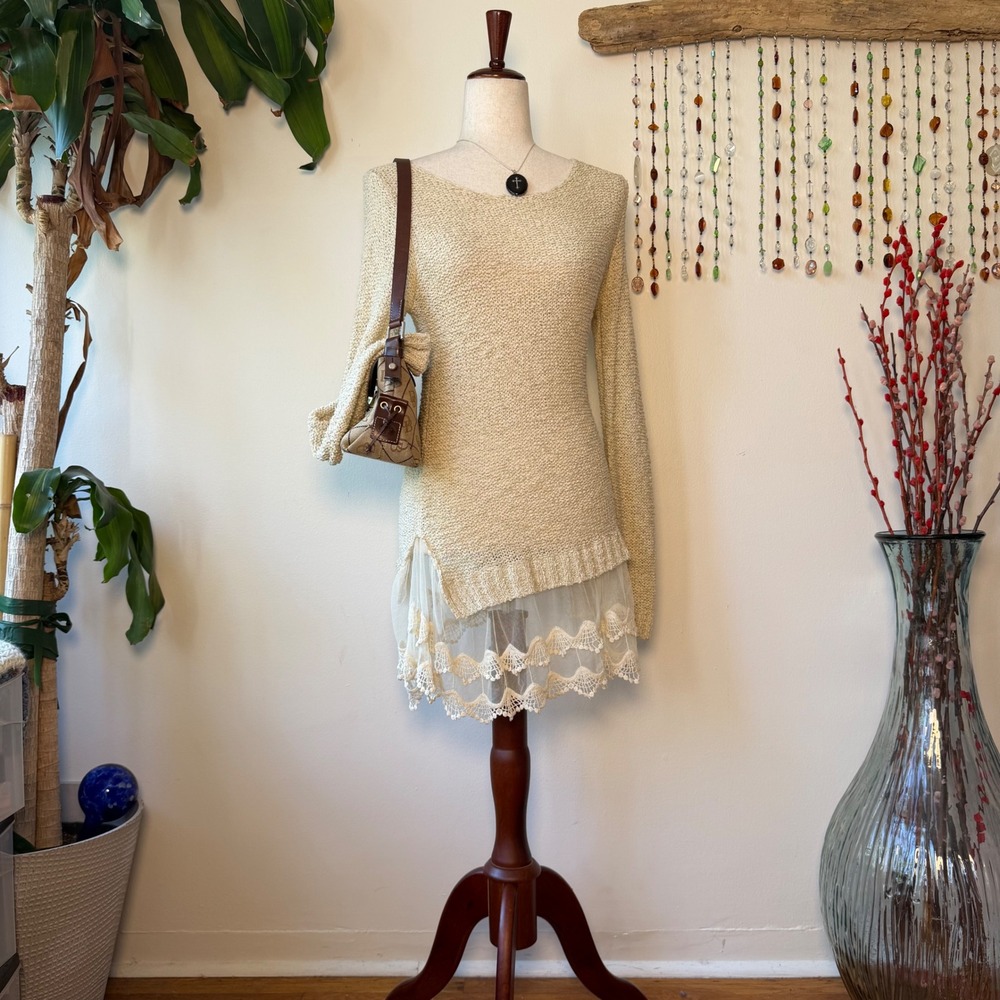 Windsor Cream Knit Asymmetrical Lace Trim Sweater Dress Tunic Y2K Coquette Femme